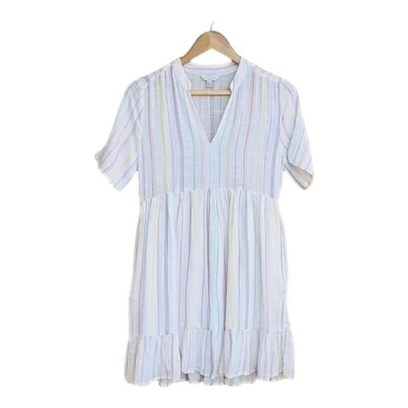 LUCKY BRAND Meadow Mini Dress XS Long Tunic Blouse Top Pastel Rainbow Stripes - Picture 3 of 11